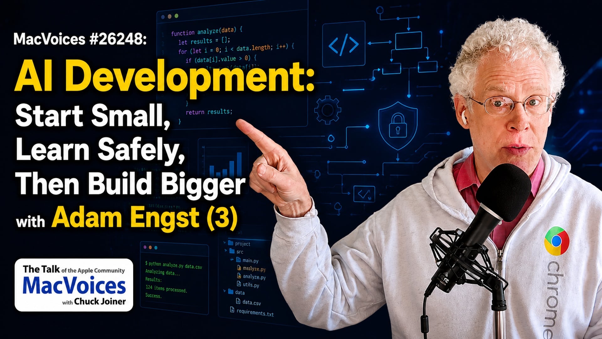 MacVoices 26248 Adam Engst explains why AI software development should be approached as an evolution, starting with safe, verifiable data analysis, advancing to simple scripts, and eventually building applications. He distinguishes programming from development, arguing that non-programmers can act as product managers who direct AI, demand security checks, define requirements, and create software tailored to problems existing apps do not solve. (3)